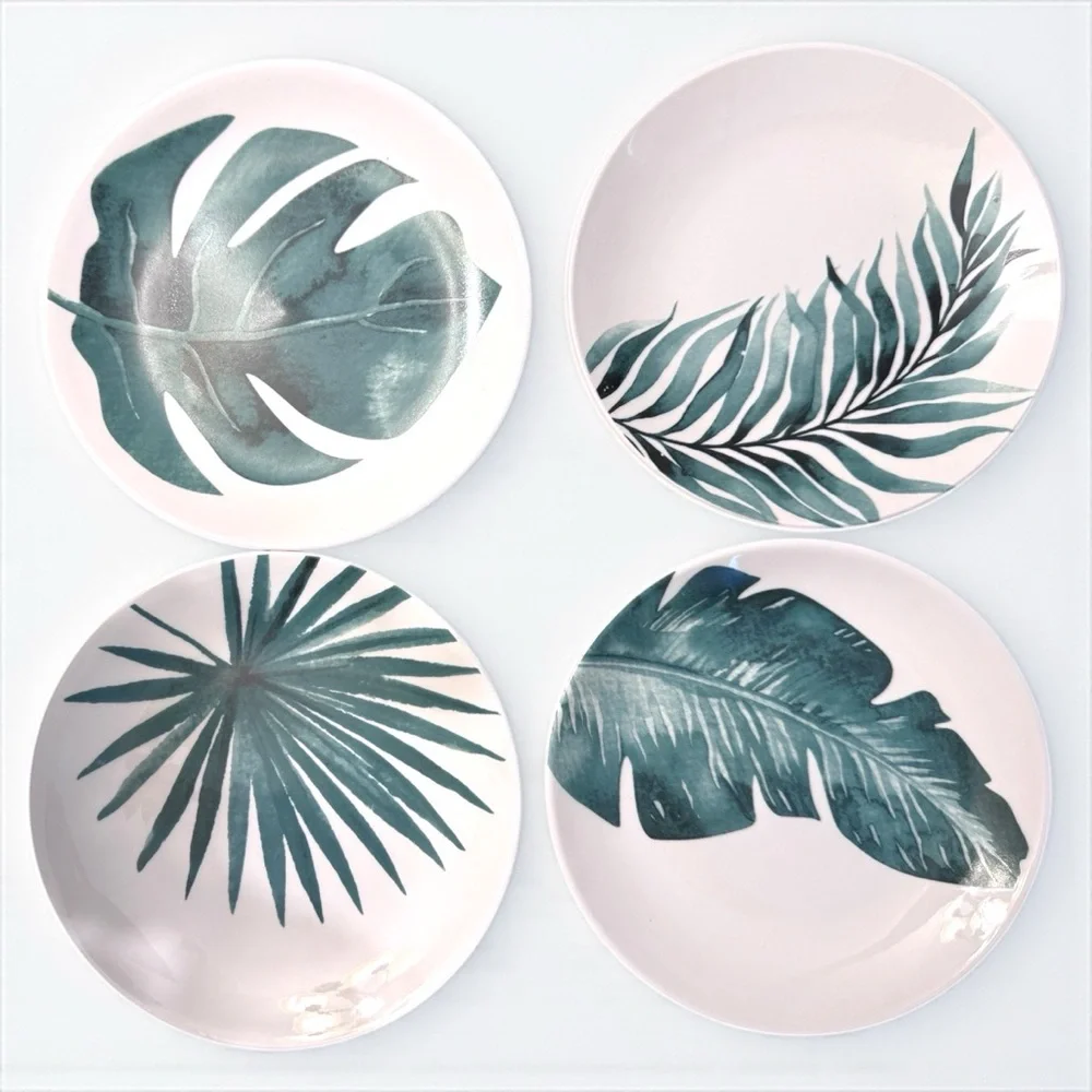 Trueliving Tropical Leaf Ceramic Plate Set 4pc Boho Palm Monstera NWT